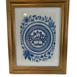 Funny Blue Floral Wall Art Vintage Delft Print Cottagecore Gold Frame Decor for Home Decor
