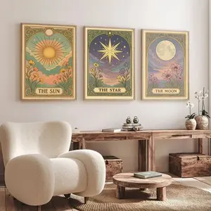 3pcs Frameless Sun, Moon, and Stars Tarot Card Canvas Printing Retro Bohemian Starry Sky Wall Decoration Art Mysterious Living Room Decoration Painting