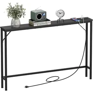 47.2" Skinny Behind Sofa Console Table with Charging Station, Power Outlets & USB Ports – Narrow Entryway Table, Charcoal Black