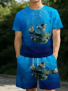 Summer Collection Men's Shorts + Short Sleeve Set Two-Piece Set 3D Full-Frame Printing Cartoon Sloth Underwater Bubble Pattern Loose Breathable Casual Sports Fashion Short Sleeve T-Shirt Men's Breathable Running Fabric Shorts