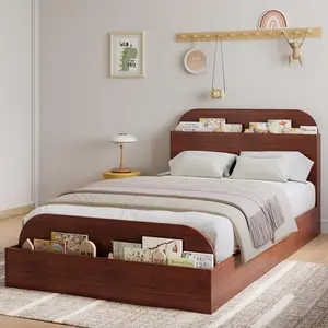 Twin Size Bed Frame for Kids, Wooden Platform Bed Frame with Storage Headboard and Raised-Foodboard for Bedroom, Sturdy Wood Slats Support, No Box Spring Needed, Easy Assembly, Espresso