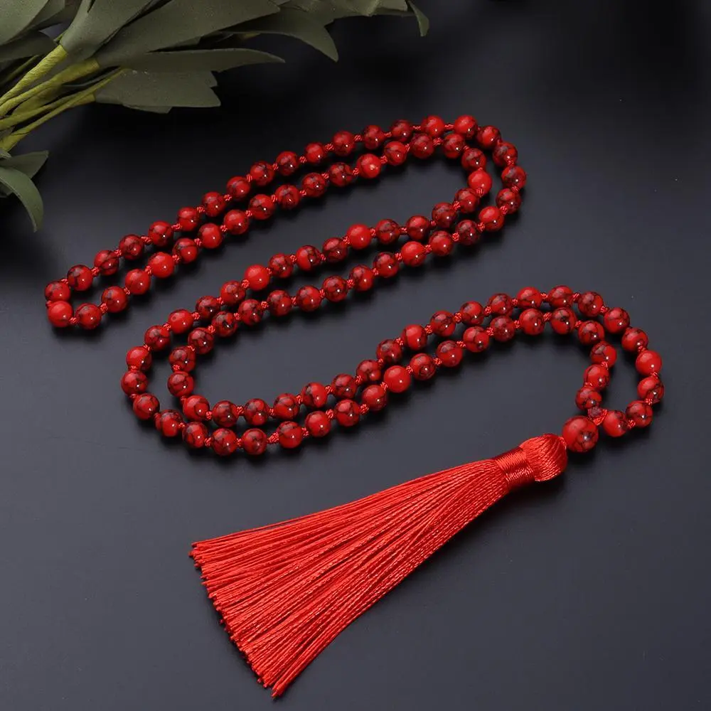 Full Handmade 6mm Red Turquoise 108-Bead Japamala Buddhist Prayer Charm Tassel Necklace, Female Casual Daily Beads Jewelry Gift