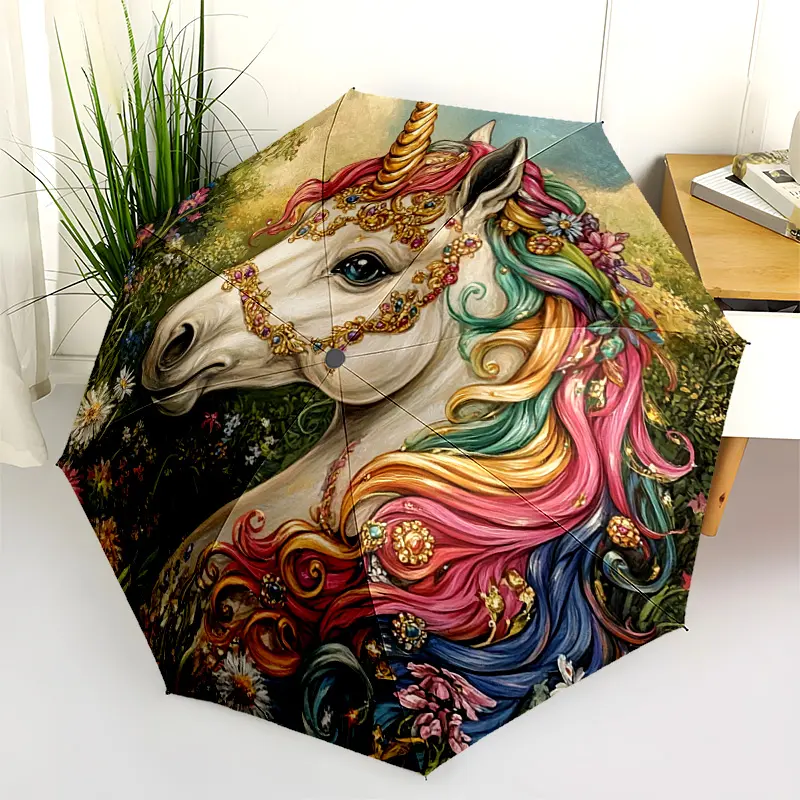 1 PC Automatic Folding Umbrella - Unicorn Fantasy Garden Pattern, Portable & Foldable Design with 8 Ribs, Merry Christmas Pattern,Casual Outdoor Accessory Halloween and Christmas Birthday Gifts. E0089