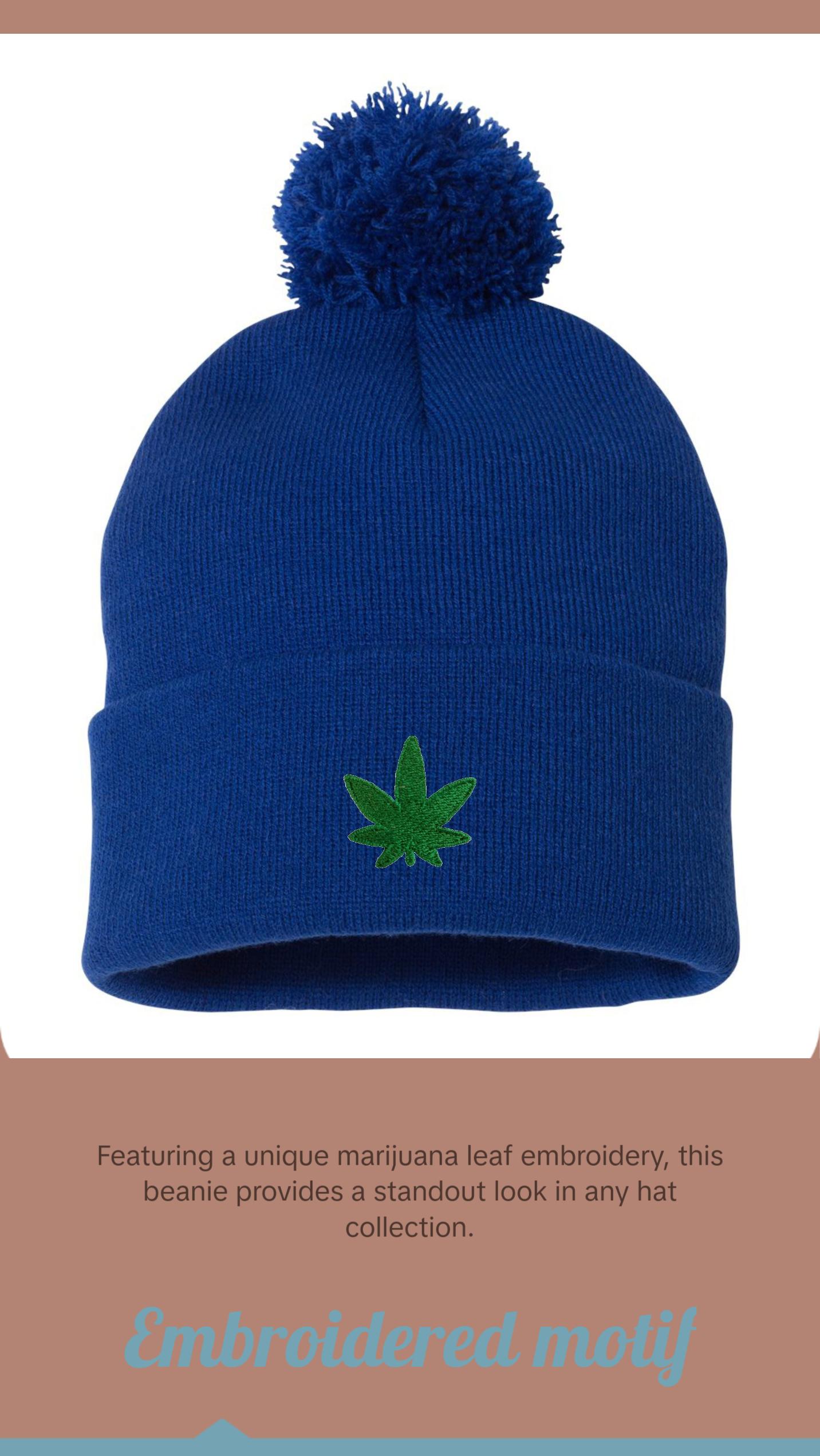 Marijuana Leaf Embroidered Knit Beanie Pom Cap