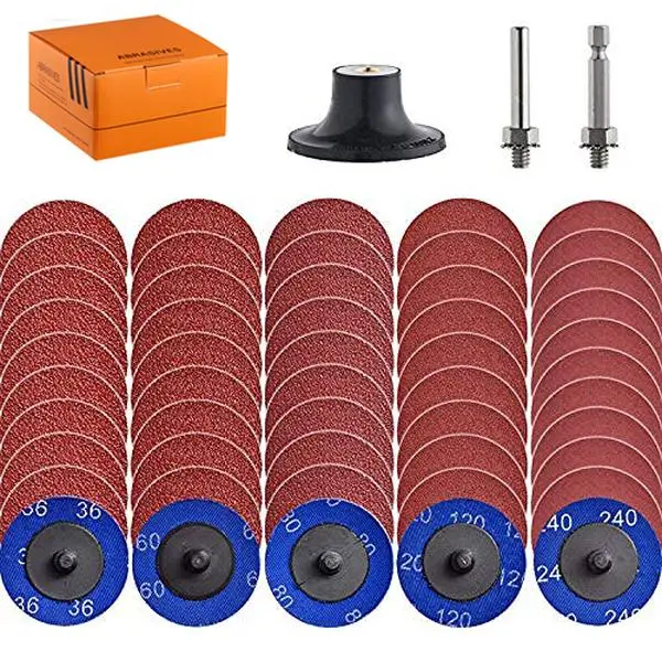 50Pcs Mixup 2 inch roll Lock Quick Change Discs Set, A/O Sanding Discs with 1/4" Holder, for Die Grinder Surface Prep Strip Grind Polish Finish Burr Rust Paint Removal