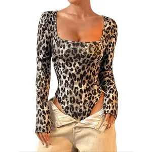 Women's leopard print long sleeved jumpsuit, comfortable and stretchy one-piece jumpsuit, all season casual and fashionableRAIMENTRY
