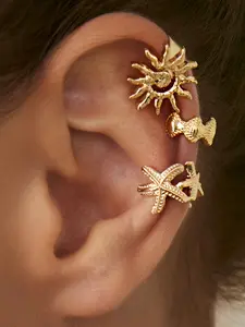 3 Pcs Fashion Ocean Style Metal Ear Cuffs, Ocean Theme, Spiral Sun, Starfish, Shell Design, Daily Wear, Vacation, Unique Jewelry, Women's Gift