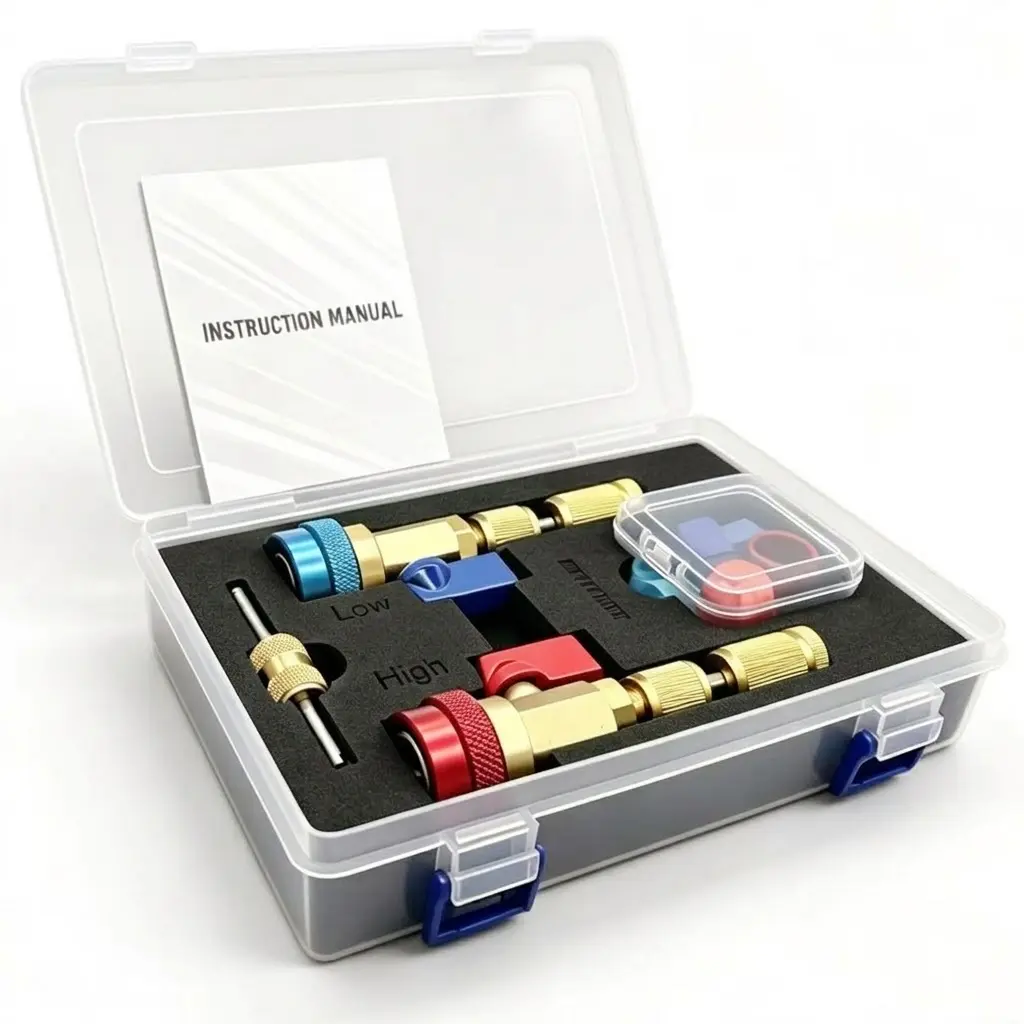 R134A Valve Core Quick Removal Tool Set. AC Schrader Valve Tool Designed for Leak-Free Replacement of Valve cores in Automotive AC Systems.
