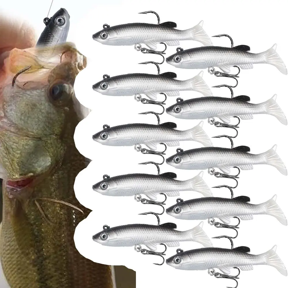 10pcs Soft Plastic Paddle Tail Swimbait Kit with Jig Head Swim Shad Lures - Sinking Fishing Equipment Lures for Bass, Trout - Saltwater/Freshwater Gear & Gifts