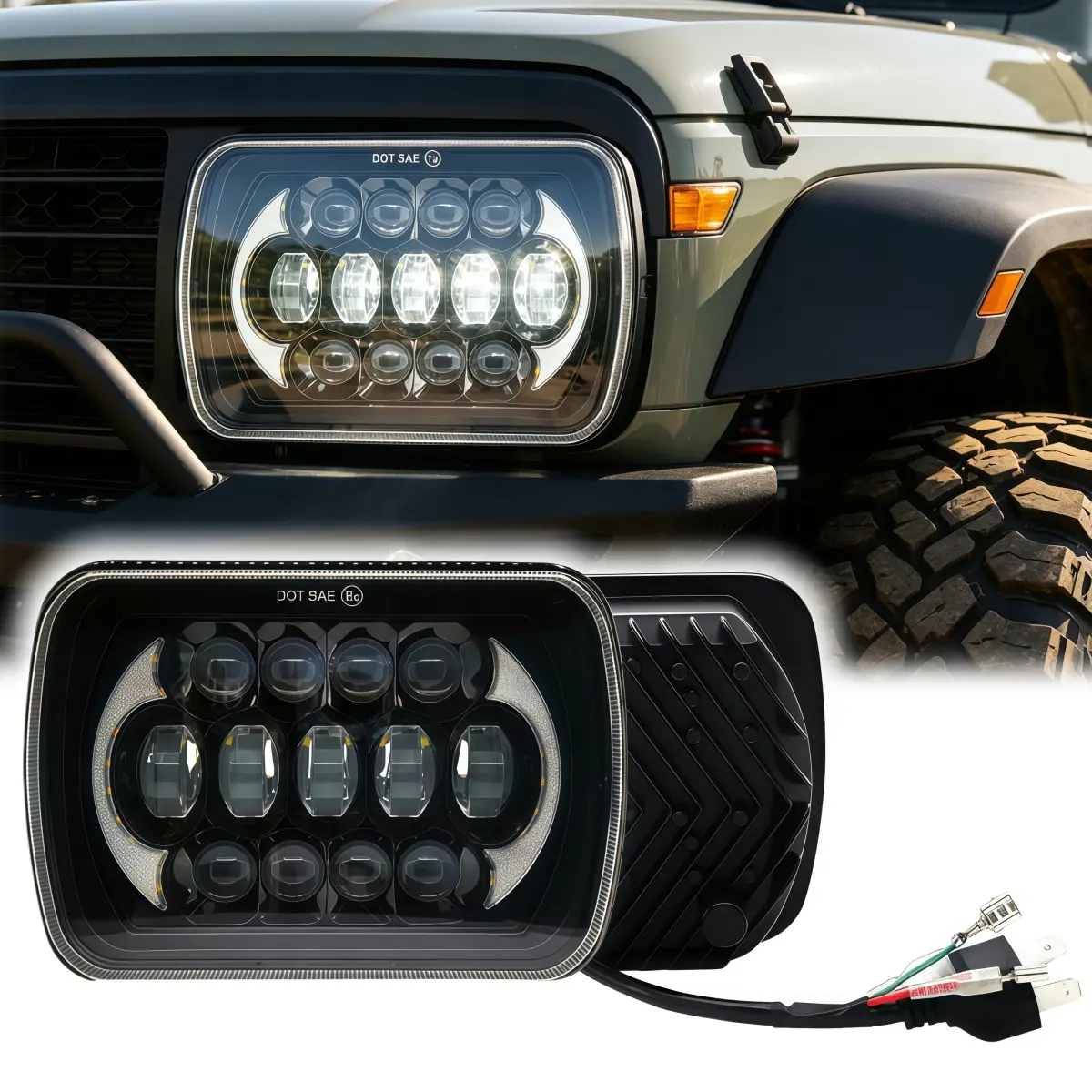 DOT 120W 5x7 7x6 Inch Led Headlights Hi/Low Led Sealed Beam Projector Headlamp Fits for Jeep Wrangler YJ Cherokee XJ Kenworth T300 1997-2010 H4 Plug H6054 H5054 6054 6052 (Black)