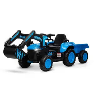 GARVEE 12V 3-in-1 Ride On Excavator and Tractor with Detachable Trailer, Remote Control, LED Lights, Music, Electric Vehicle Toy for Boys and Girls, Available in Blue and Red
