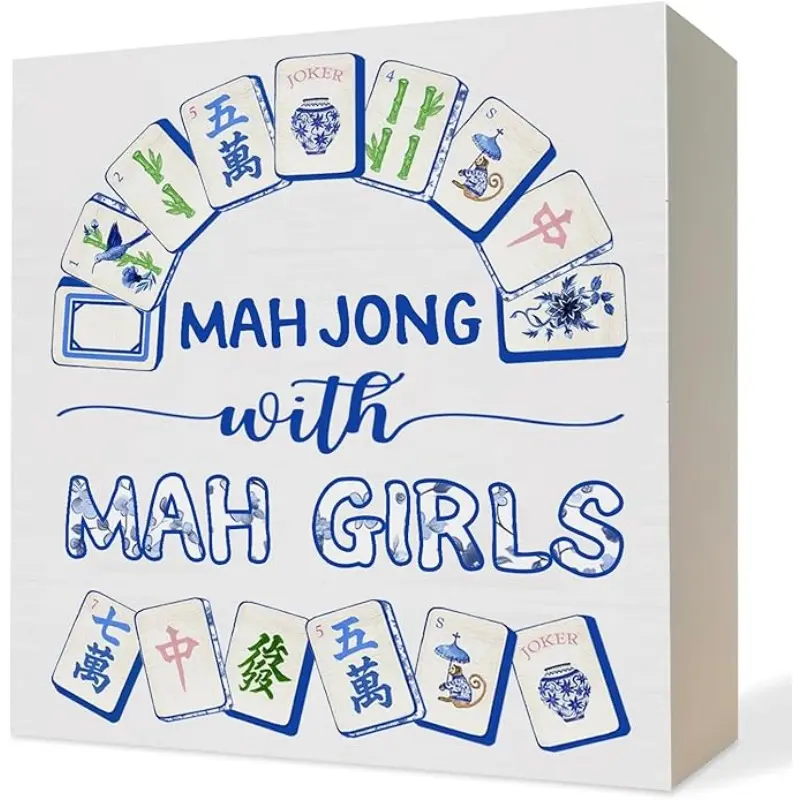 Chinoiserie Mahjong Wooden Box Sign, Mahjong Gifts for Women, Blue and White Grandmillennial Wood Block Plaque Signs Decor for Home Office Desk Table Shelf Decor, Vintage Plaque Decor, Home Decor Products, 5x5 Inch