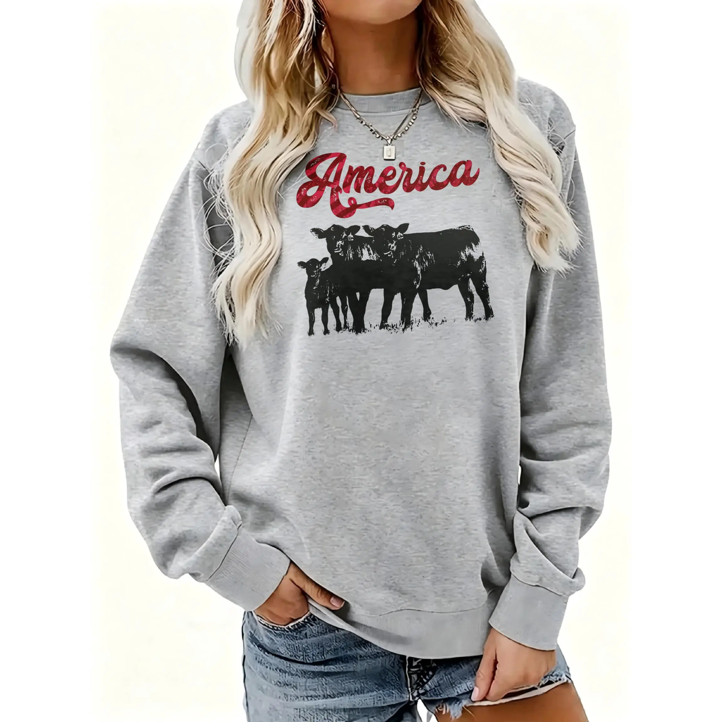 Women's America Cows Graphic Print Design Crewneck Sweatshirt | Soft Stretchy Long Sleeve Pullover | Cozy Fall Layering Essential For Casual Daily, Office & Streetwear Looks