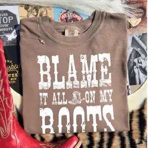 Comfort Colors Blame It All On My Boots Code Five Graphic T-shirt, Trendy Western Tshirt, Howdy Babe, Gifts For Her, Western Gift, Tshirt, Star, Boot Stitch