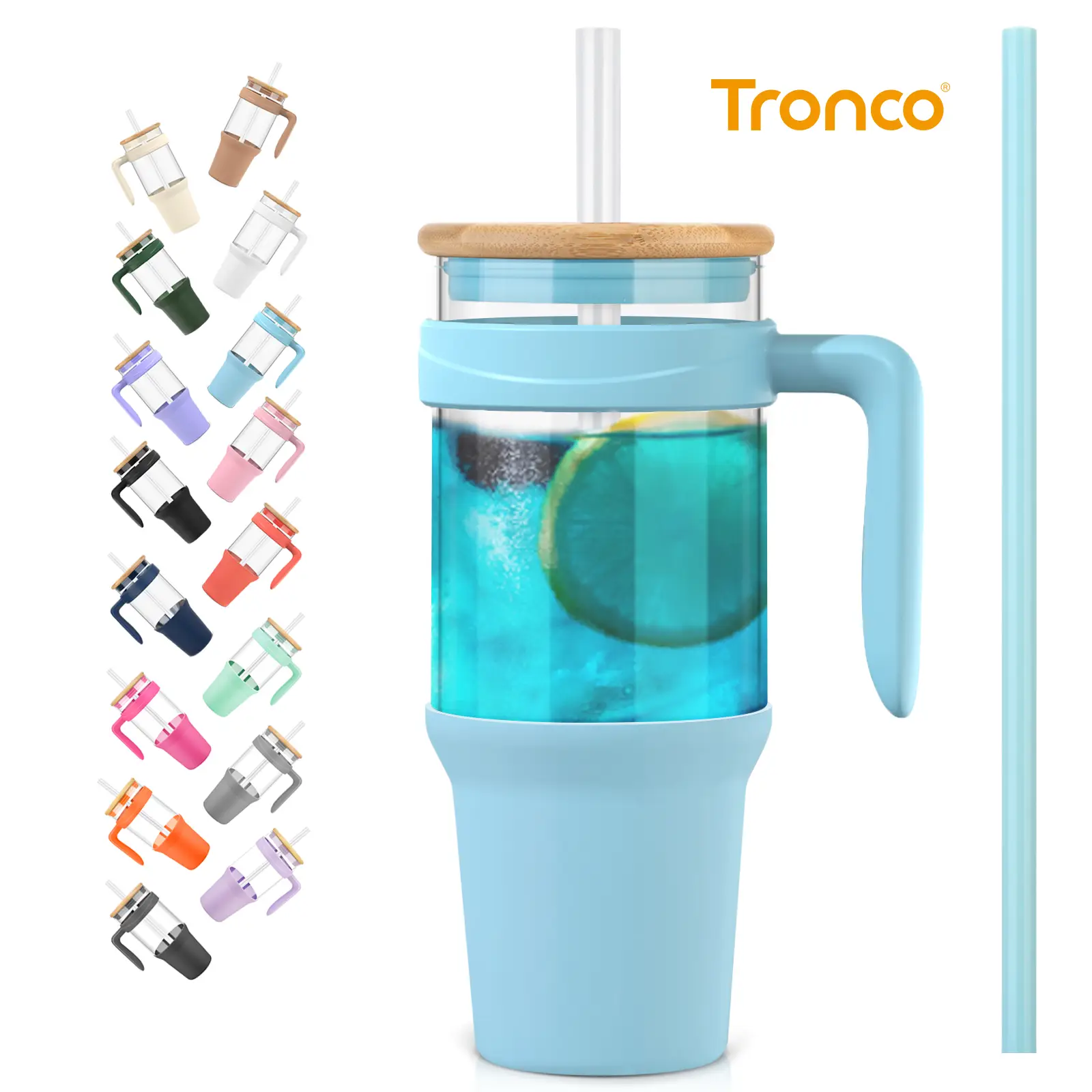 Tronco 40 oz Glass Tumbler: Eco-Friendly Reusable Cup with Handle, Straw, and Bamboo Lid – Perfect for Iced Coffee, Smoothies, and More