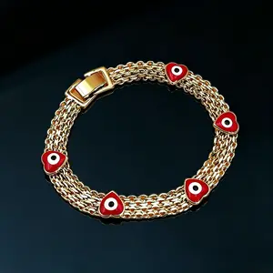 Boho Chic Evil Eye Bracelet for Women – Adjustable Stackable Red Bead Charm Jewelry, Wide Gold-Tone Copper Chain, Durable Protection Symbol, Trendy Everyday Summer Accessory & Gift Wristband