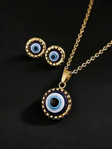 2 Pcs Hot Selling Evil Eye Pendant Necklace Set, Geometric Round Blue Eye Earrings & Necklace #EvilEye#EvilEyeJewelry#NecklaceEarringsSet#BlueEye#EvilEyeNecklace#WomenJewelry#TrendySet#GeometricJewelry#FashionAccessories#GiftForHer