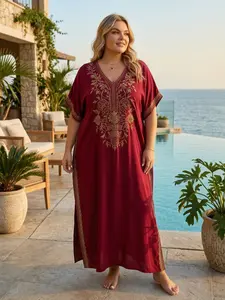 Plus Size Floral Embroidery Contrast Binding Split Hem Kaftan Maxi Dress, Elegant Batwing Sleeve V Neck Long Dress for Summer, Women's Clothes for Vacation Holiday
