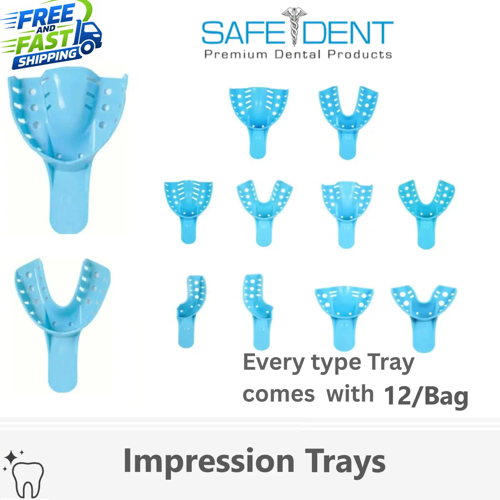 Professional Dental Impression Trays, 12 Pcs in a Bag, Light Blue, Upper and Lower, Sizes include Small, Medium, Large