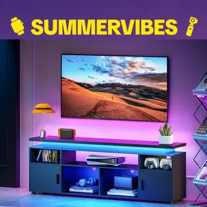 【SummerVibes】SUNCOZE TV Stand, Entertainment Center with LED Lights and Cabinet for 70/75/80 Inch TV, Modern TV Console Gaming Media Television Stands with Power Outlets for PS5 in Living Room and Bedroom