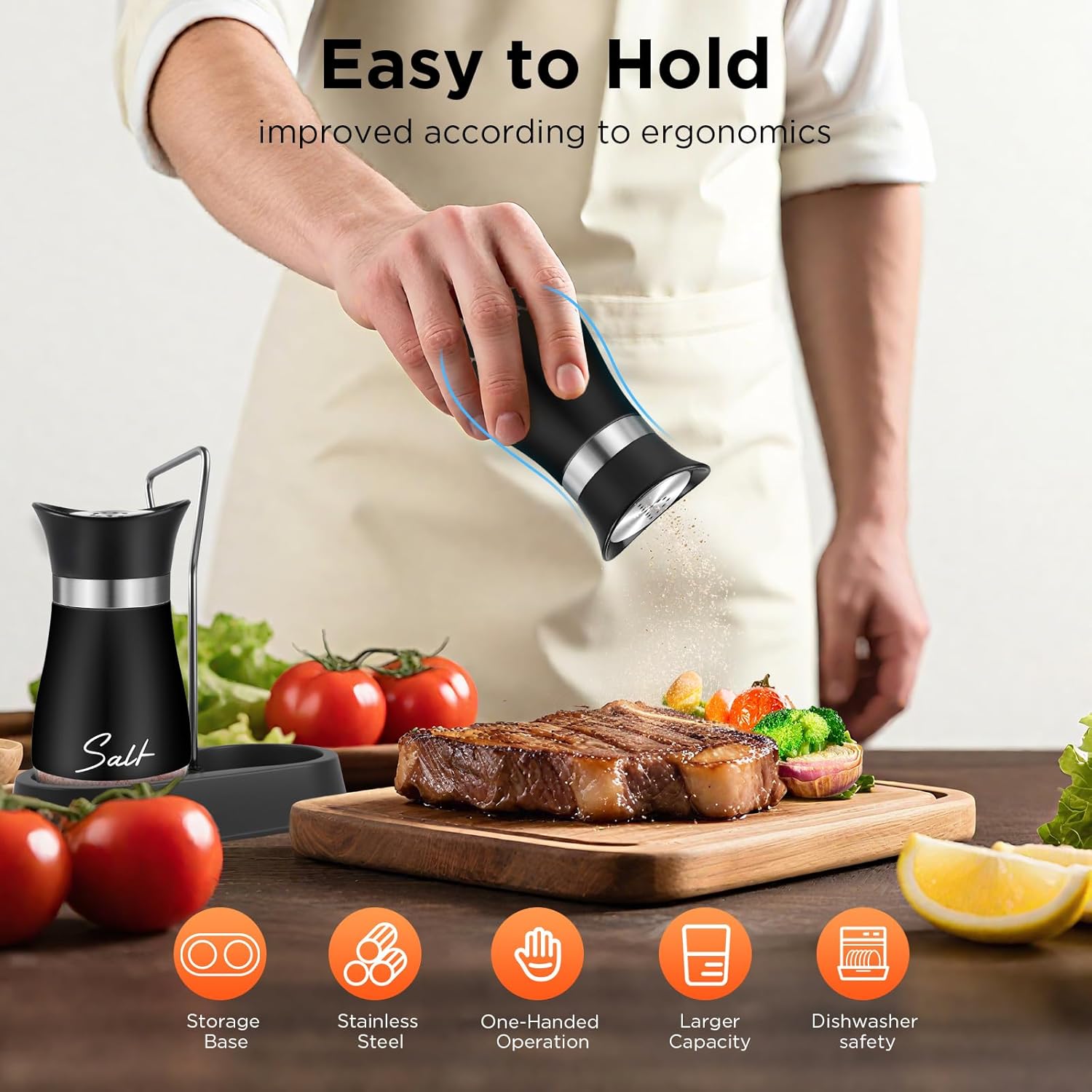 Salt and Pepper Shakers, Farmhouse Salt and Pepper Shakers Set with Holder, electroplated Handle, 4 oz Stainless Steel Glass Bottle Dispenser, for Table, RV, Camp, BBQ (Black)