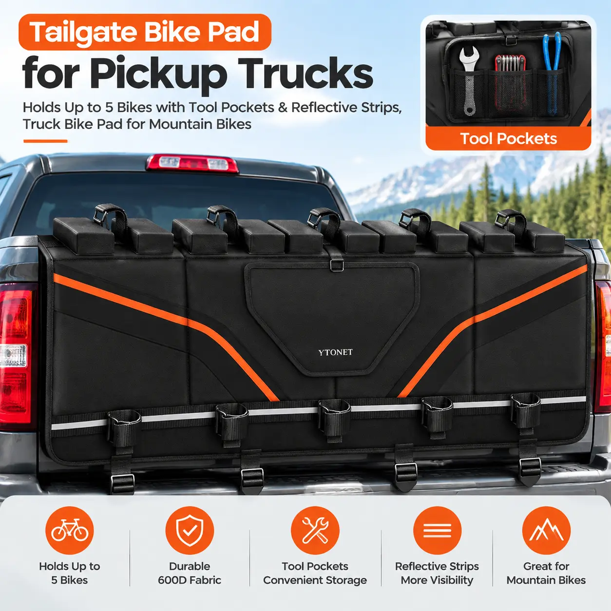 Truck Tailgate Bike Pad for Mountain Biking, 600D Fabric Pad with Tool Storage Pockets, Reflective Strips, Holds Up to 5 Bikes