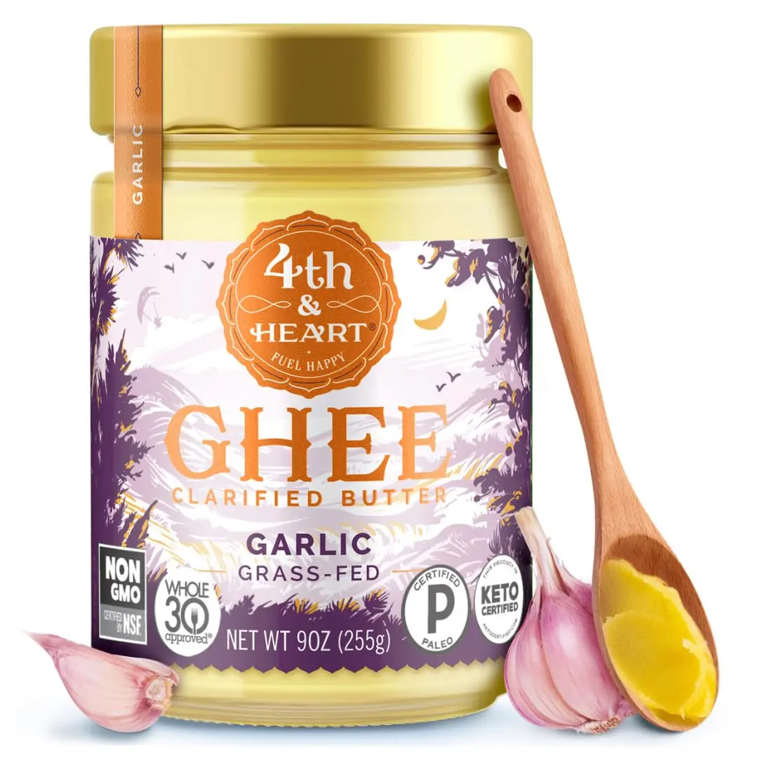 4th & Heart California Garlic Grass-Fed Ghee, Clarified Butter, Keto, Pasture Raised, Non-GMO, Lactose and Casein Free, Certified Paleo (9 Ounces)