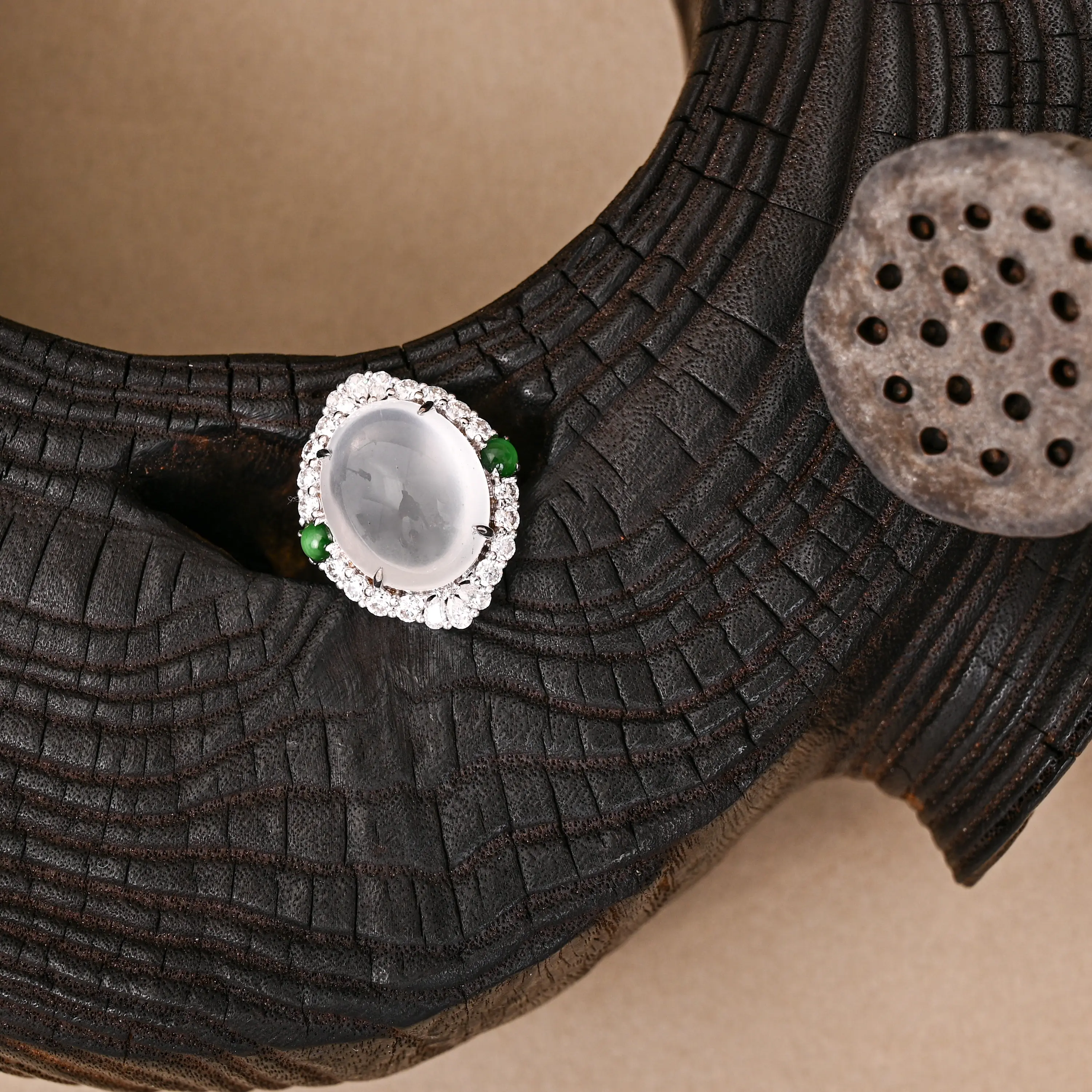 The 14K gold "Aurora Sovereign" Jade Ring– Large Oval Jadeite Cabochon & Scalloped Diamond Halo