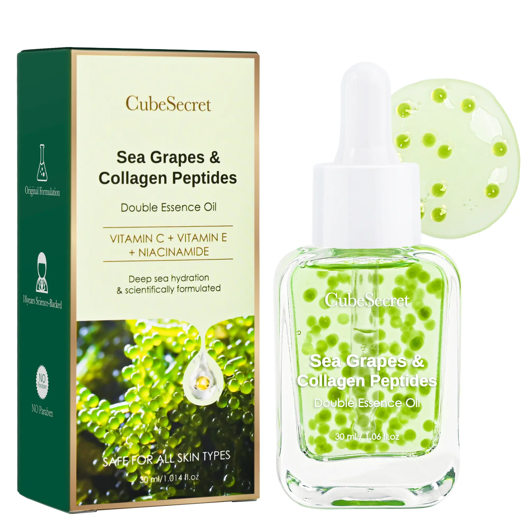 CubeSecret Sea Grape Collagen Peptide Essence Oil, a Hydrating & Firming Serum Moisturizer for Sensitive Skin & Enhanced Radiance, Moisture, All Skin Types, Brightening, Firming/Lifting