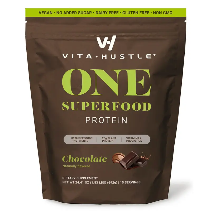 VitaHustle ONE Plant‑Based Protein Powder - Chocolate - Blend of 86 Ingredients with Vitamins & Probiotics