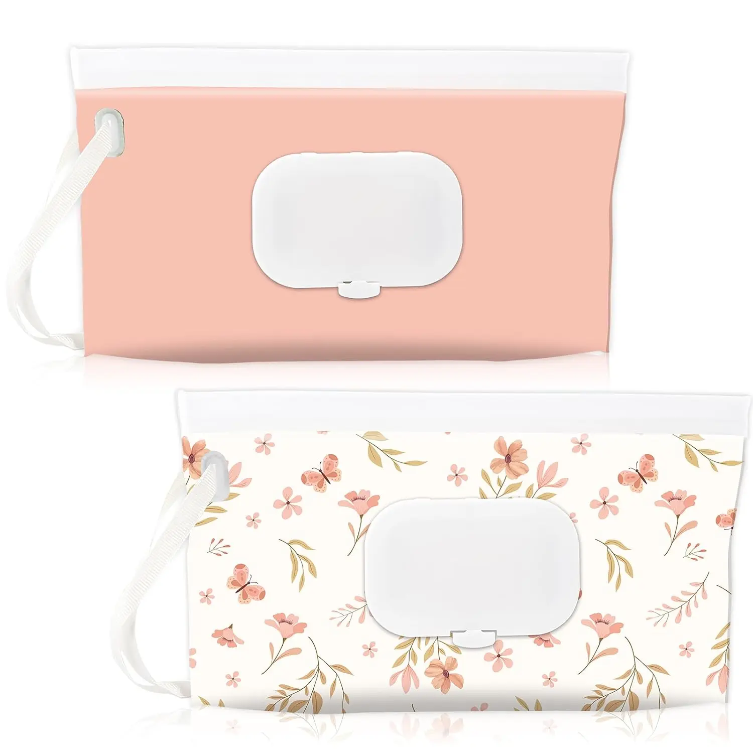 Mothers' 2-Pack Floral Pink Baby Wipes Dispenser Holder, Compact Flexible Travel-Friendly Refillable Wet Wipes Pouch Container for Outdoor Hiking