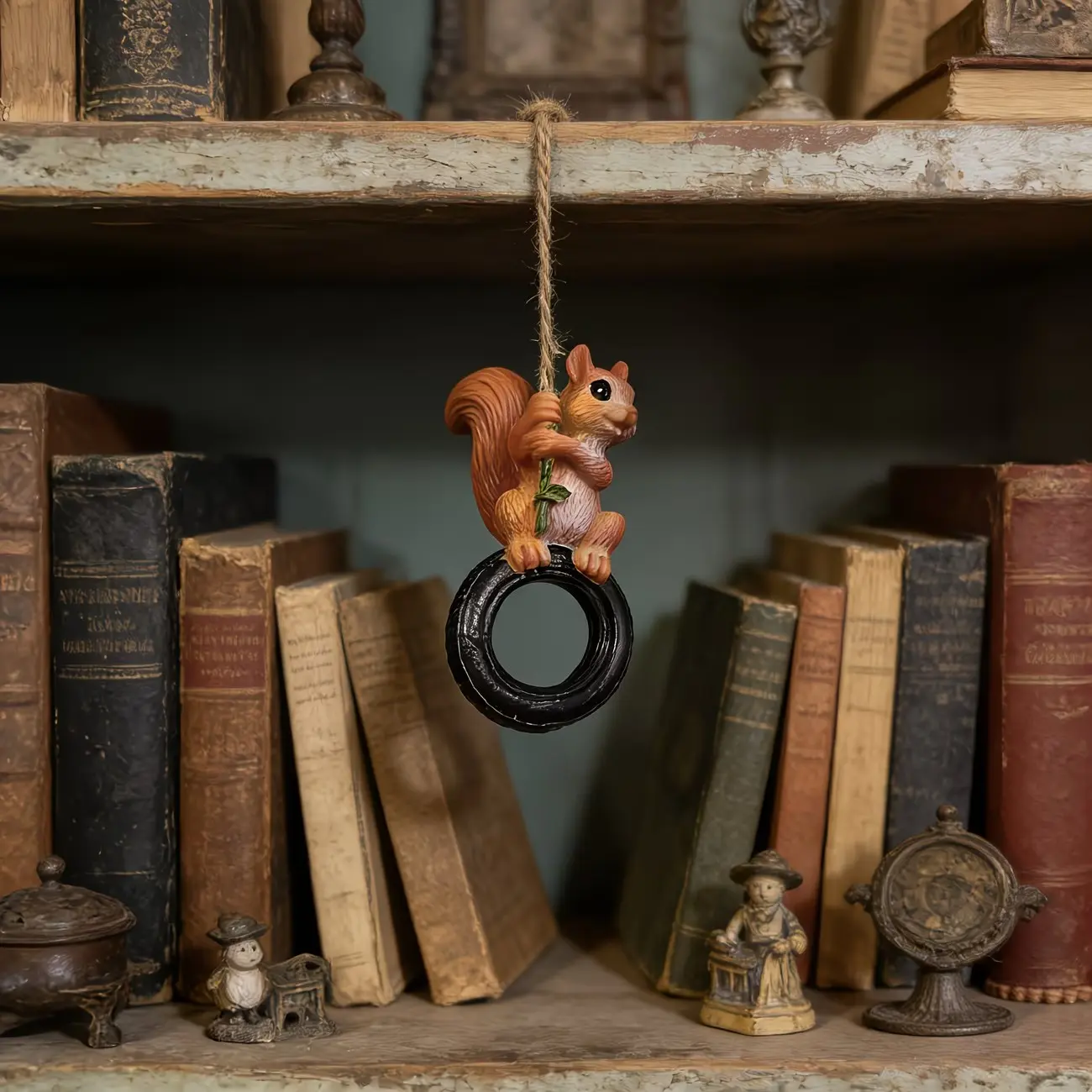 Cute Squirrel Tire Swing Hanging Pendant, Weatherproof Resin Hanging Ornament Animal Decor, Outdoor Patio Sculpture, Indoor Home Accent, Hanging Room Decor, Garden Gift