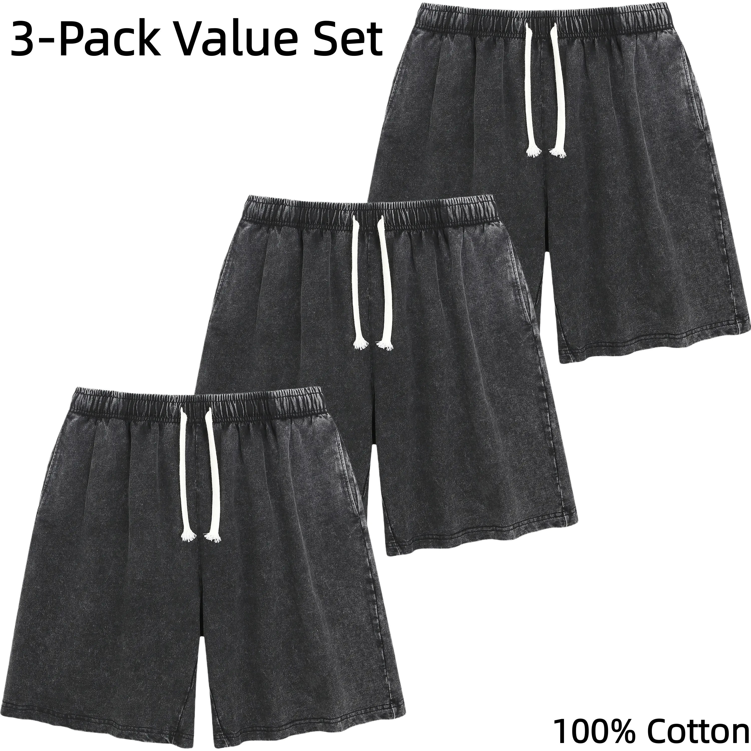 Men's 3-Pack 100% Cotton Vintage Acid Wash Baggy Knee-Length Shorts - Elastic Drawstring Waist, Mineral Washed Pink, Side Pockets, Blank Basic Loungewear for Athletic Workouts & Daily Summer Outfits