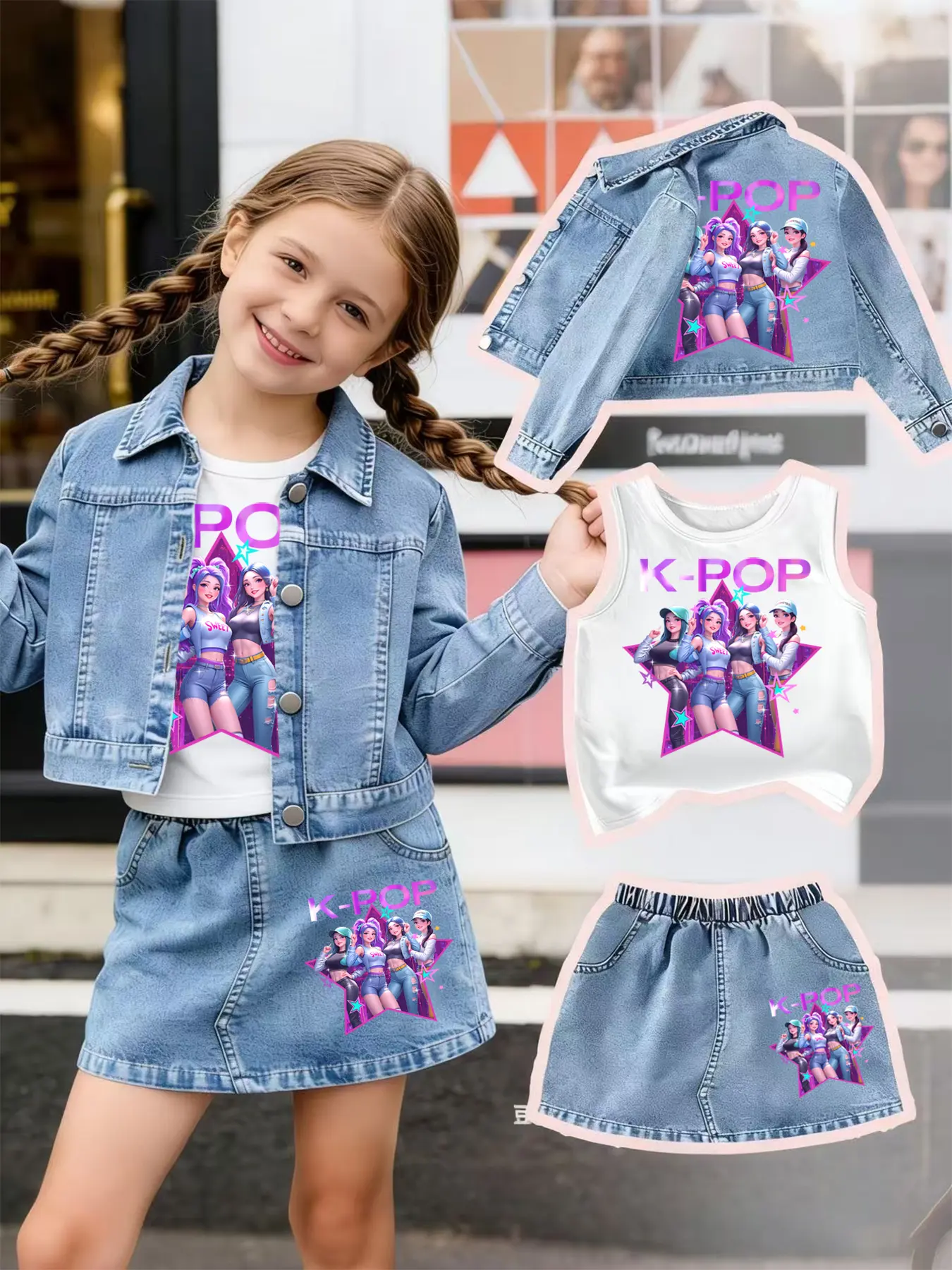 Three-Piece Set: Denim Jacket + Jean Skirt + Sleeveless Vest, New Cartoon Print, Fashion Clothes Set, Matching Outfits Set, Casual Daily Wear, Outdoor Sports, Perfect Gift for Kids, Children, Denim Skirt Sets