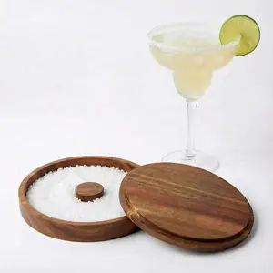 1 count Margarita Salt Rimmer Set Glass Rimmer with Lid  Bar Accessories Plate for Sugar Drinks  Bartender Tool Kit Party Restaurant, 5.9" Diameter (Acacia )