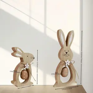 Easter Wooden Bunny Decor Set, 2PCS Rabbit Table Centerpieces with Egg & Floral Detail