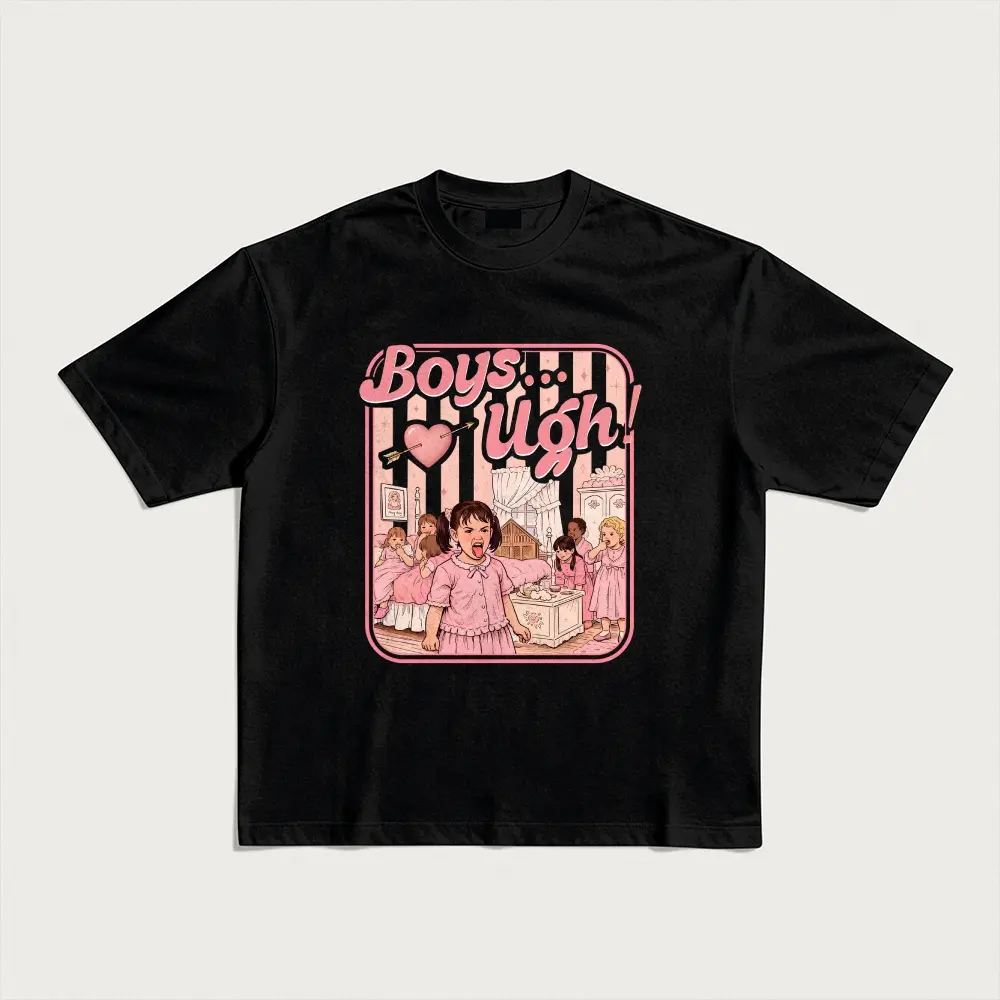 Men's Graphic T-Shirt, Casual Retro "Boys... Ugh!" Print, Breathable Cotton Fabric, Short-Sleeve Oversize Relaxed Fit, Tshirt