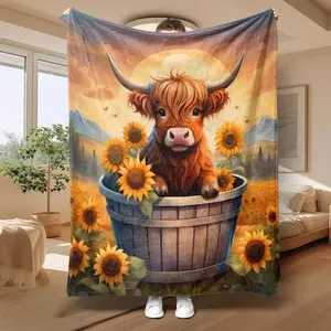 Adorable Sunflower and Highland Cow Fleece Blanket: Ultra Soft, Cozy Throw for Air-Conditioned Rooms and Warm Naps, Lightweight and Reversible, Perfect for Home, Office, Travel, Camping, Kids, Christmas or Birthday Gifts