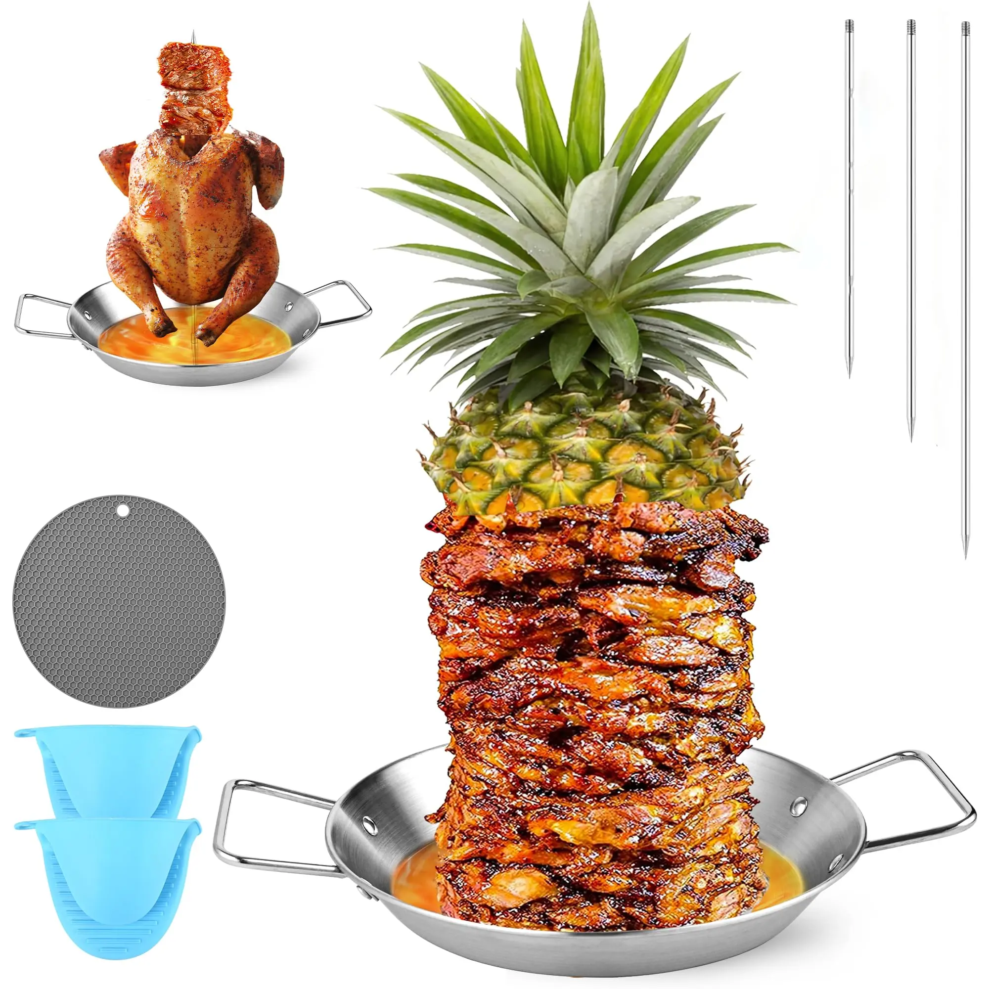 10 Inch Al Pastor Skewer for Grill, Stainless Steel Vertical Skewer Pan Rotisserie with 3 Removable Barbecue Skewers Gloves and Mat for Tacos Al Pastor Shawarma Grill Oven Smoker
