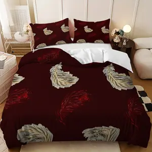 3-piece bedding set - Red and brown feather pattern down comforter set (1 comforter cover + 2 pillowcases, filling not included). A perfect gift for family and friends, soft and comfortable, suitable for family bedrooms and guest rooms.
