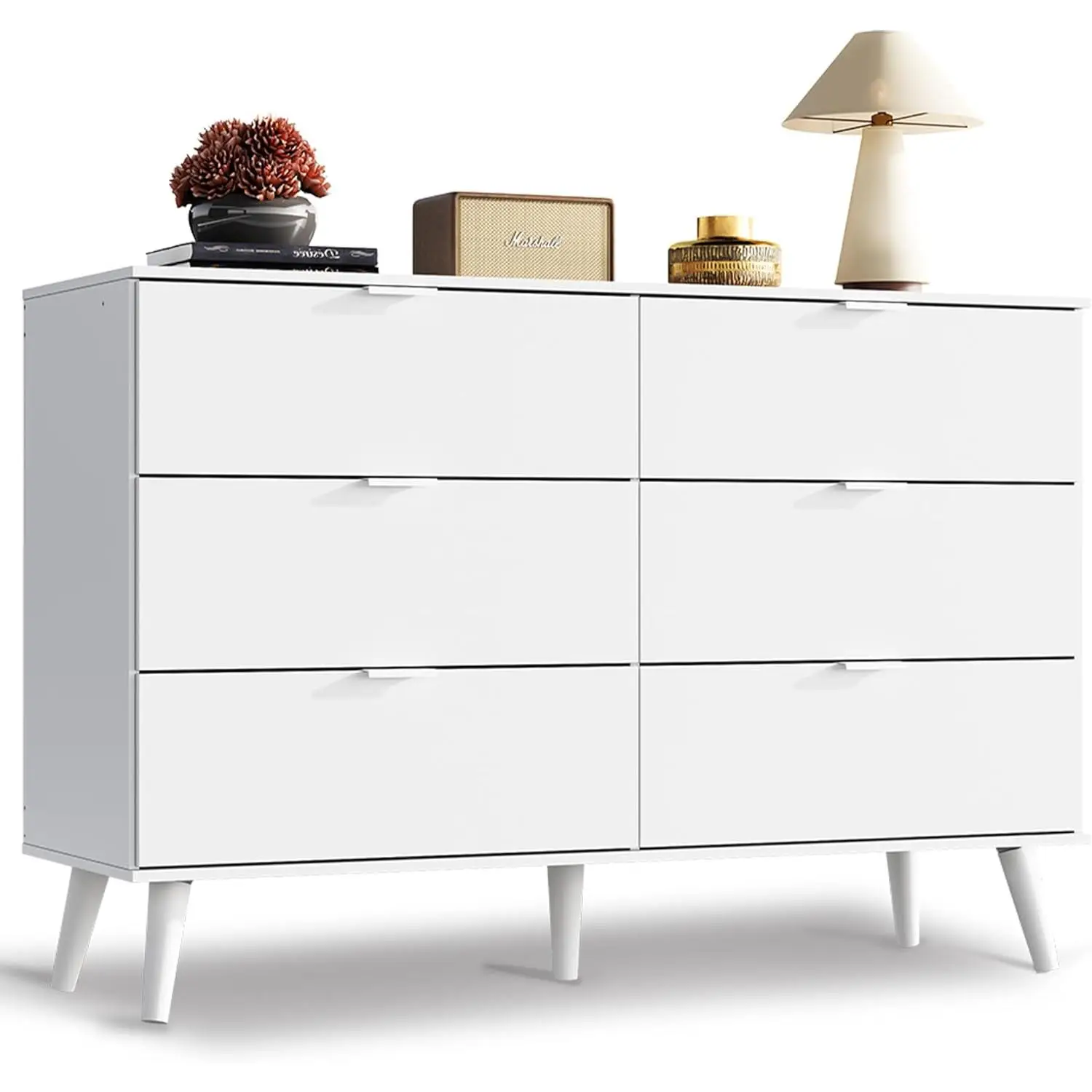 WLIVE 6 Drawer Dresser for Bedroom, 47.24'' Wide Wood Dresser, White Dresser Storage Organizer with Sturdy Metal Handle, TV Stand for 55 inch TV, Ches