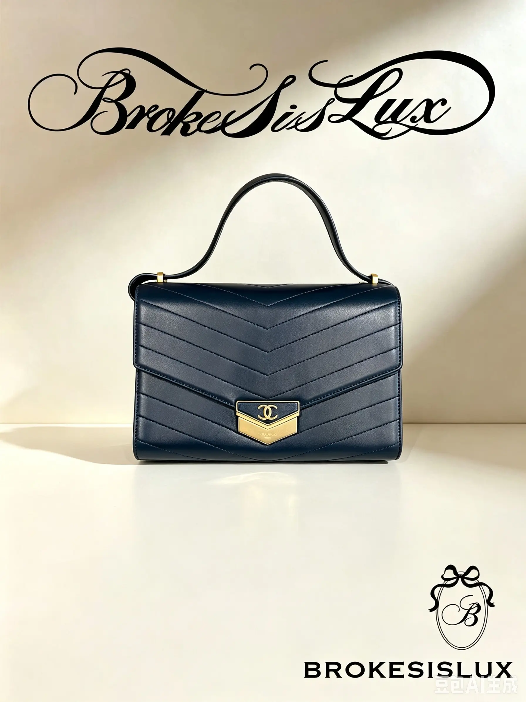 Pre-owned CHANEL Navy Lambskin Envelope Flap Bag, V Shaped Chevron Quilting, Gold Geometric CC Plaque Lock, Slim Curved Top Handle, Convertible Shoulder Strap