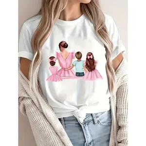 Summer Women's Fitted Round-Neck Short Sleeve T-Shirt for Family Members Including Mom Younger Brother and Sisters