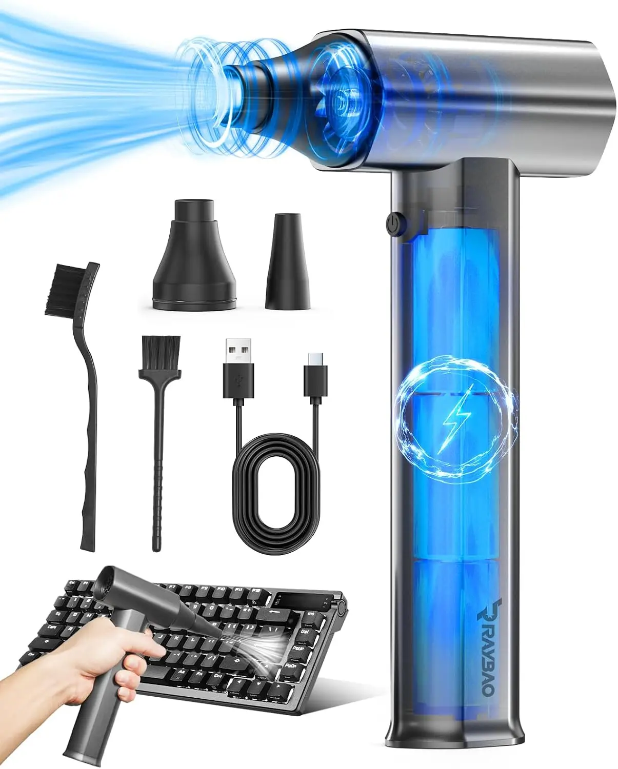 Powerful Electric Air Duster - Lightweight Rechargeable Blower with 4-Gear Turbo Motor for PC, Keyboard & Car Cleaning - Durable Metal Body, Perfect for Electronics & Dust Removal RAYBAO