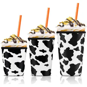 Iced Coffee Cup Sleeve for Large Sized Cups, Reusable Neoprene Iced Coffee Cup Holder for Hot Cold Drinks, Compatible with Starbucks, Dunkin Donuts, and More (Cow)