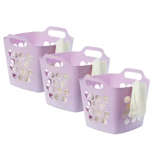212 MAIN Large Square Flexible Plastic Laundry Basket Organizer - Waterproof, with Ventilation Holes, Side Handles, Purple Set of 3 (Model QI003857.PUR.3)
