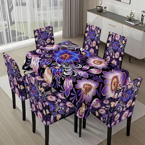 5/7-piece 2D Flat Printing Purple and Blue Flowers on Black Background Printing Pattern Tablecloth and Chair Cover Set, for dining table and chair decoration, perfect for home, holiday gatherings, restaurants, and parties.