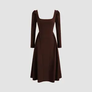 Cider [2 colors, size 0-10] Square Neck Solid Ruffle Zipper Long Sleeve Midi Dress