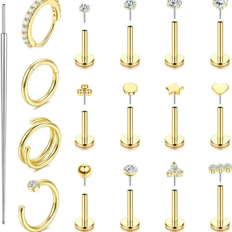 14K Gold Filled Nose Rings & Studs, 18G 20G Threadless Flat Back Nose Piercing Jewelry with CZ, Hypoallergenic Surgical Steel Nostril Jewelry for Women & Men