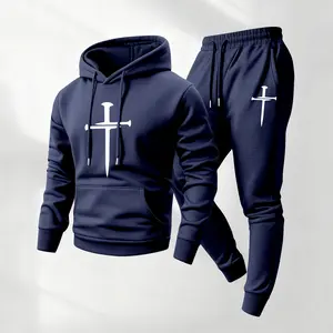 Men's Christian Cross Printed Hoodie and Drawstring Sweatpants Set, Menswear, Casual Athletic Long Sleeve Hooded Jacket & Trousers for Fall & Winter, Men's Clothing for Daily Wear, Sportswear Indoor Outdoor, Tracksuit, Athleisure Summer Clothes